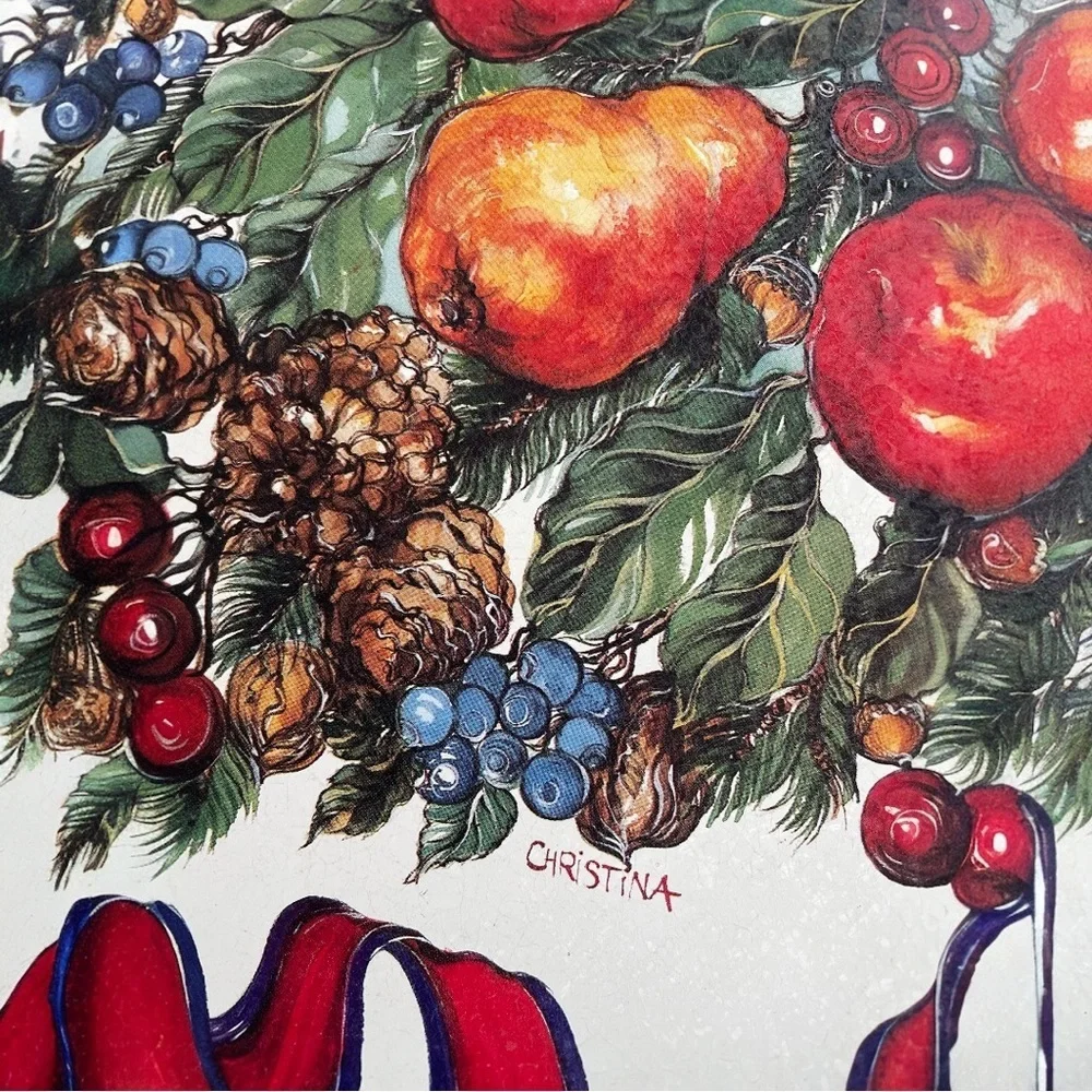 Vintage metal tray, Della Robbia style, fruit and ribbon, no scratches on front